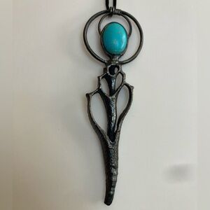 Turquoise and Silver Pendant Surrealism Brutalist Necklace Handmade OOAK